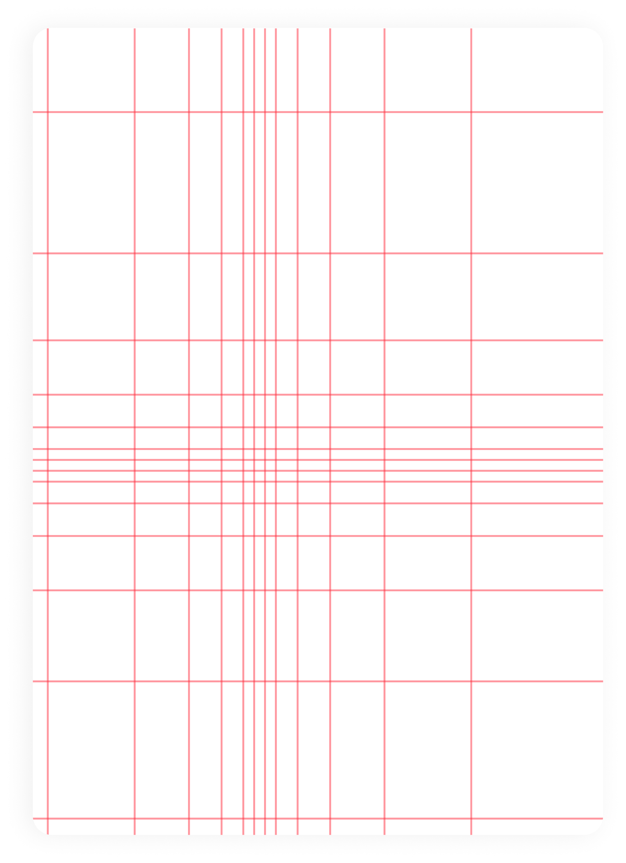 A blank sheet of graph paper with red grid lines and rounded corners inside a notebook or binder.