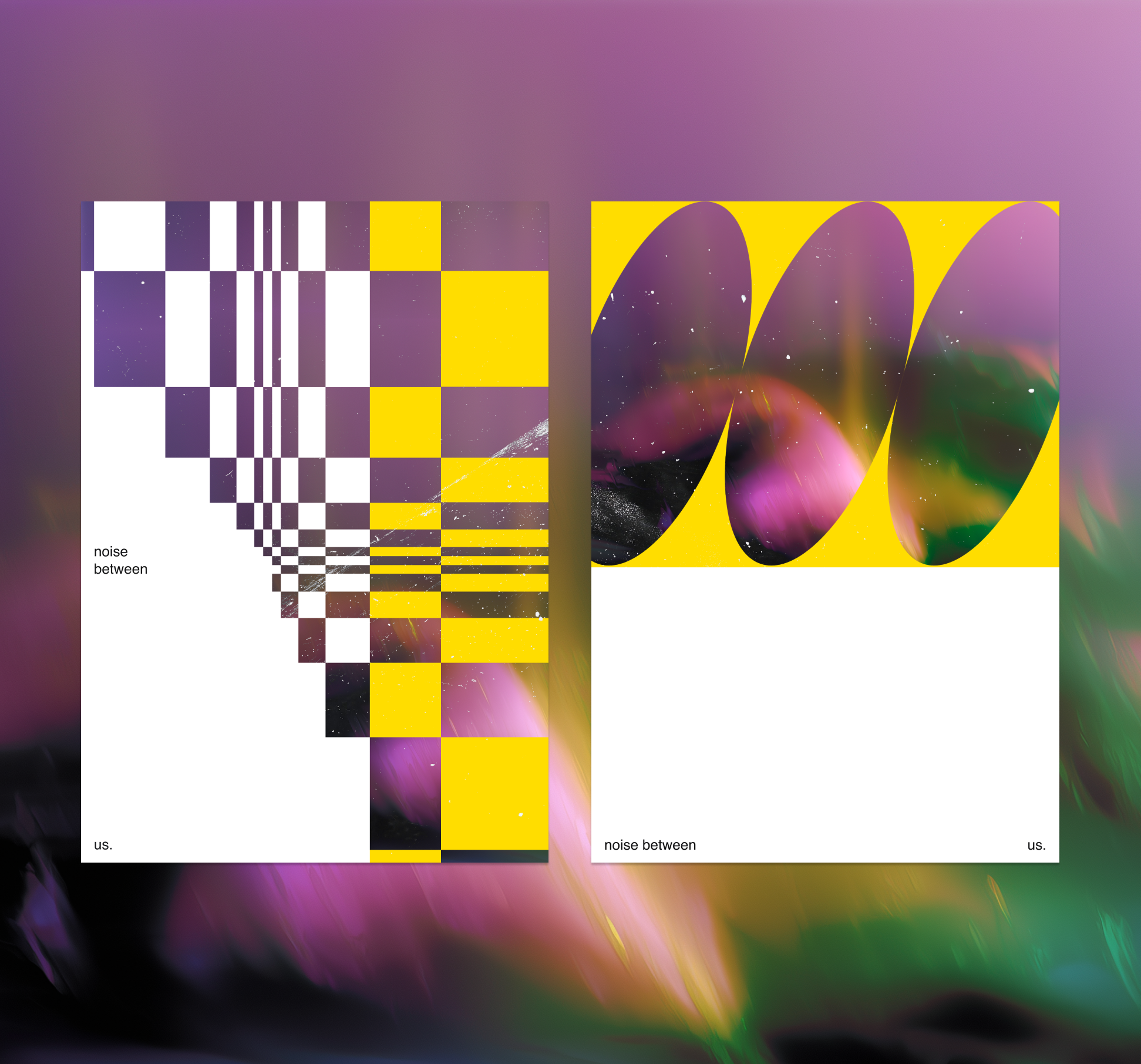 Abstract digital artwork featuring a colorful cosmic or nebula scene with vibrant swirling colors of pink, purple, yellow, green, and black, displayed across a grid of two panels with a checkered pattern and a wavy design, captioned with 'noise between' and 'us'.