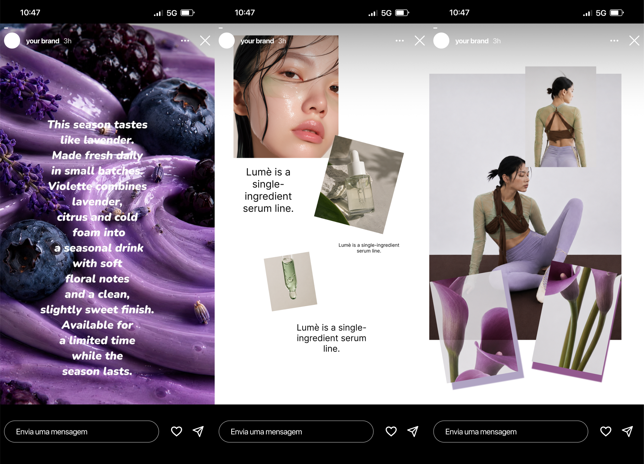 Screenshots of an Instagram story with text about a seasonal lavender-themed product, skincare ingredients, and fashion photos of a woman in pastel clothing with purple flowers.