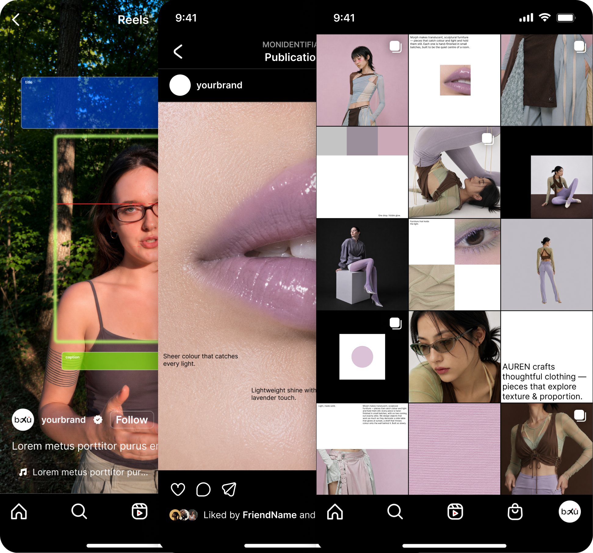 Multiple screenshots of a mobile phone displaying fashion and beauty images, text overlays, and social media icons. Includes close-ups of lips, models in various outfits, and text about color, texture, and craftsmanship.