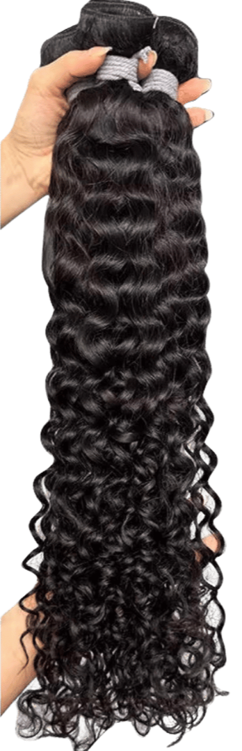 Hand holding a bundle of long, curly, black hair extensions or synthetic wig.