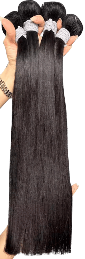 Multiple bundles of long, straight, black hair extensions held together by gray bands, with a person's hand visible on the left side holding the bundles.
