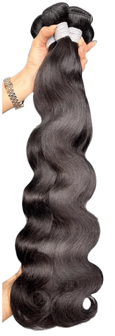 Long, wavy, dark hair extension bundle held by hand with a silver bracelet on the wrist.