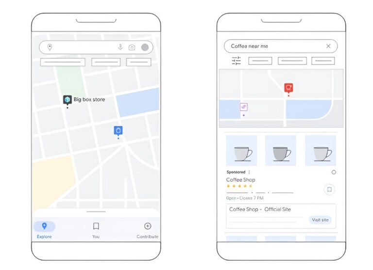 Two smartphones displaying maps. The left phone shows a map with icons for a store called Big Box Store and a blue pin. The right phone shows a map search for coffee near me, with a red location pin marking a coffee shop, images of coffee cups, and a sponsored coffee shop listing.