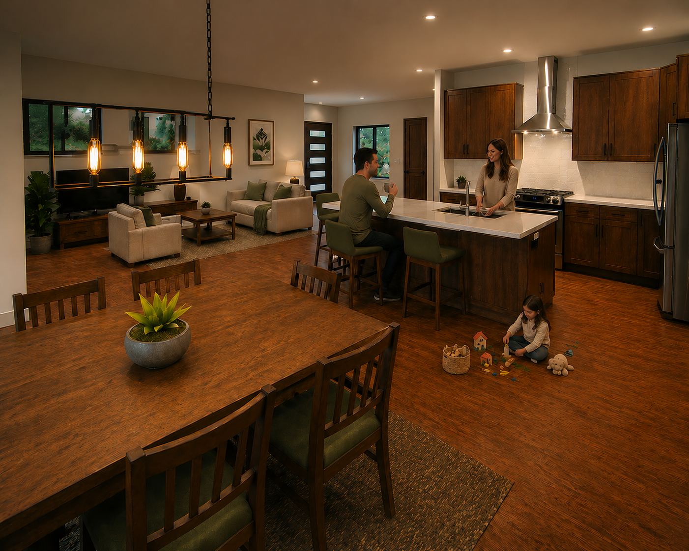 Open-concept living room and kitchen area with wooden flooring, a large dining table, a kitchen island, and a seating area with sofas and armchairs. A man and woman are in the kitchen, and a child is playing on the floor.