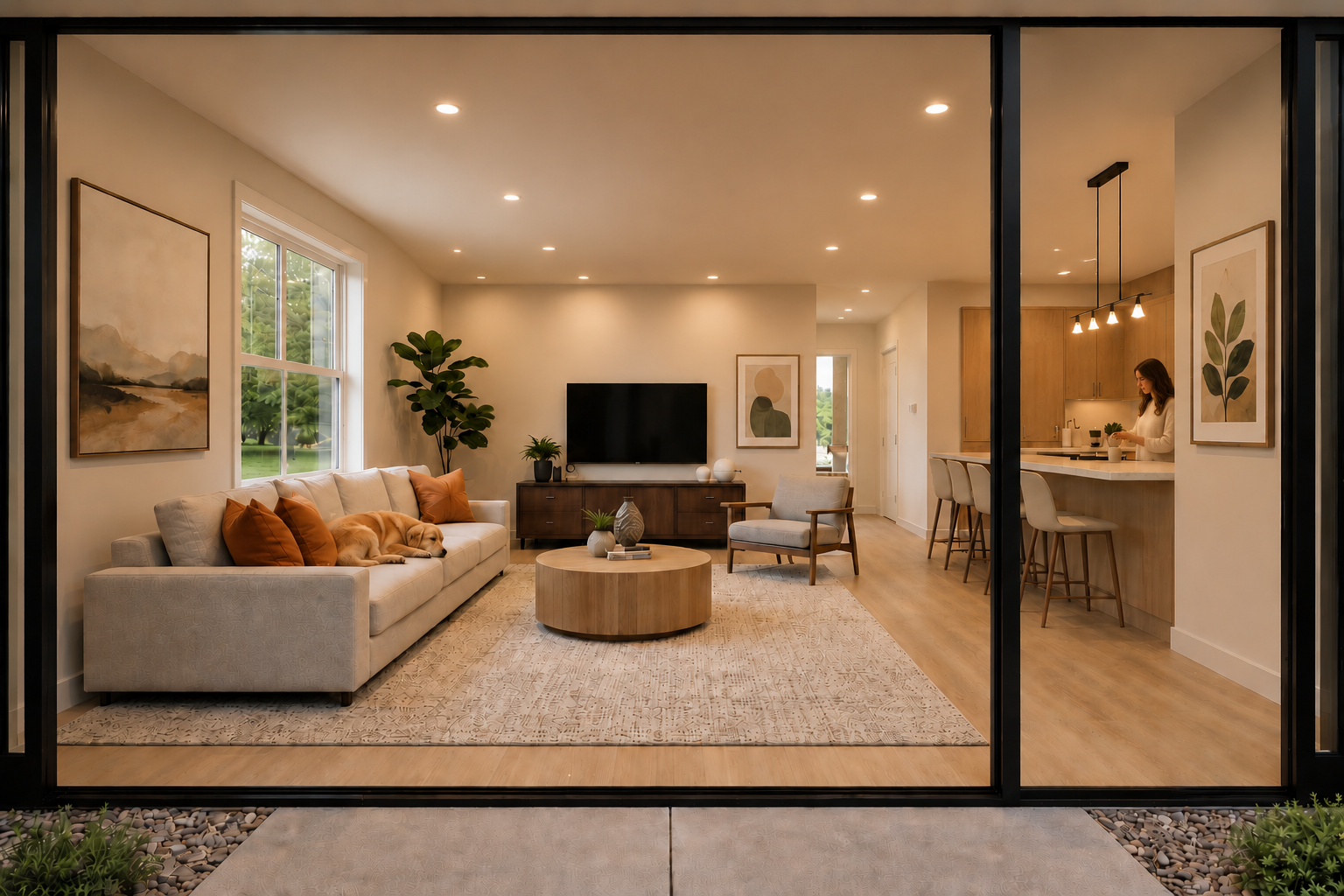 Modern living room with beige sofa, wooden coffee table, armchair, wall art, plants, TV, and open kitchen where a woman is preparing food, viewed through a large glass window.
