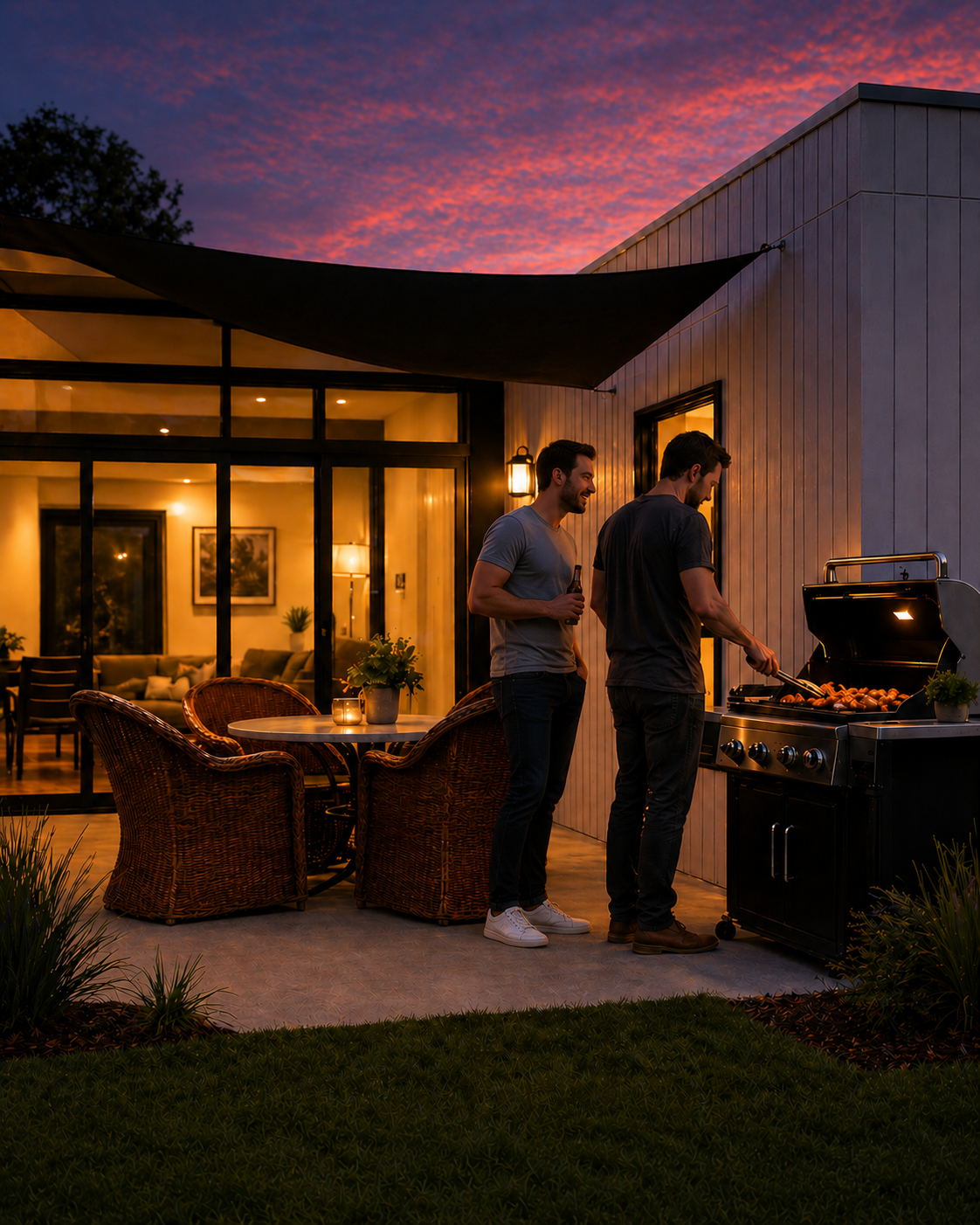 Two men are grilling food on a barbecue on a patio during sunset, with a cozy illuminated interior visible through large windows in the background.