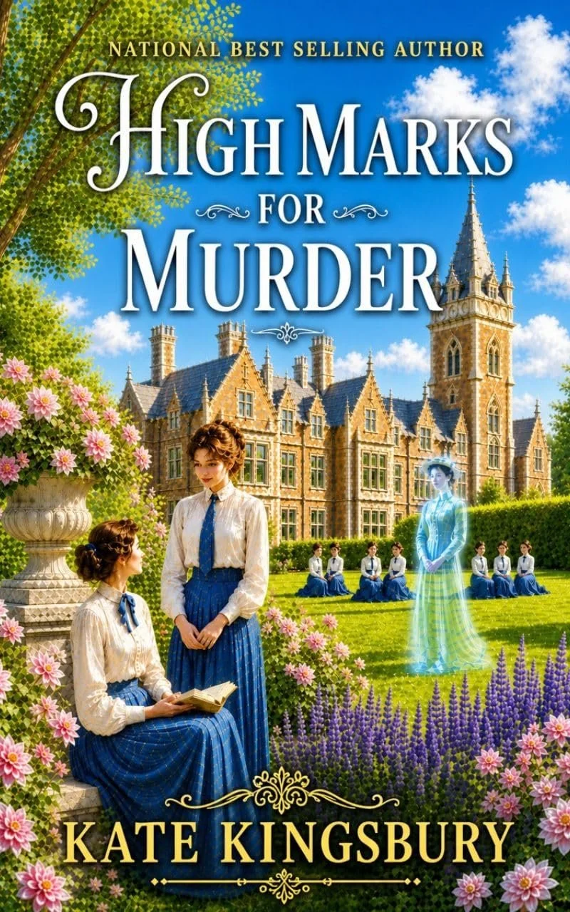Book cover for High Marks for Murder by Kate Kingsbury, showing a large Gothic-style mansion, two women in Victorian clothing in the garden, a transparent ghostly woman in Victorian dress, and a group of girls sitting on the grass.