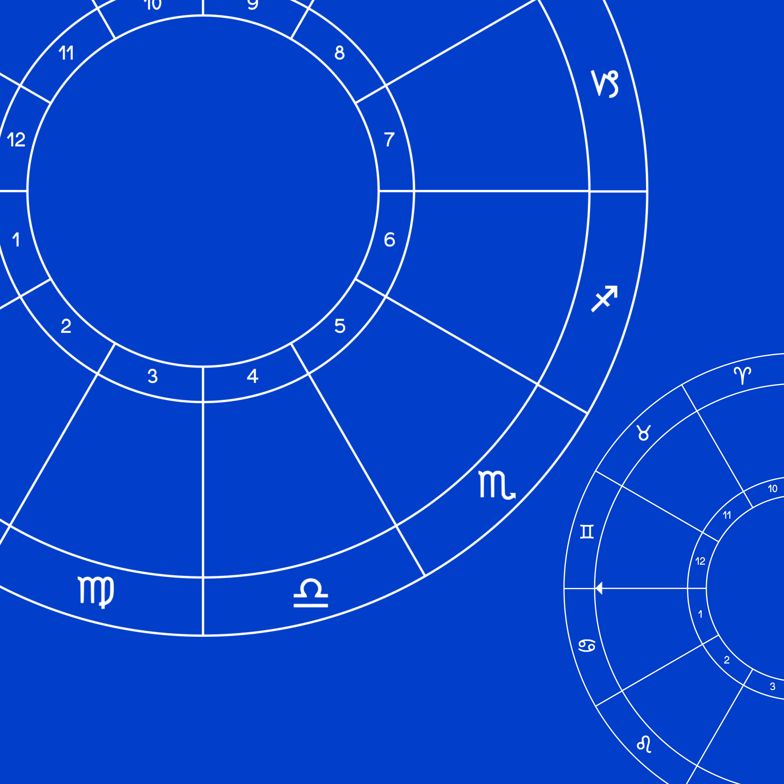 A blue astrological chart with white lines and symbols representing zodiac signs and numbers.