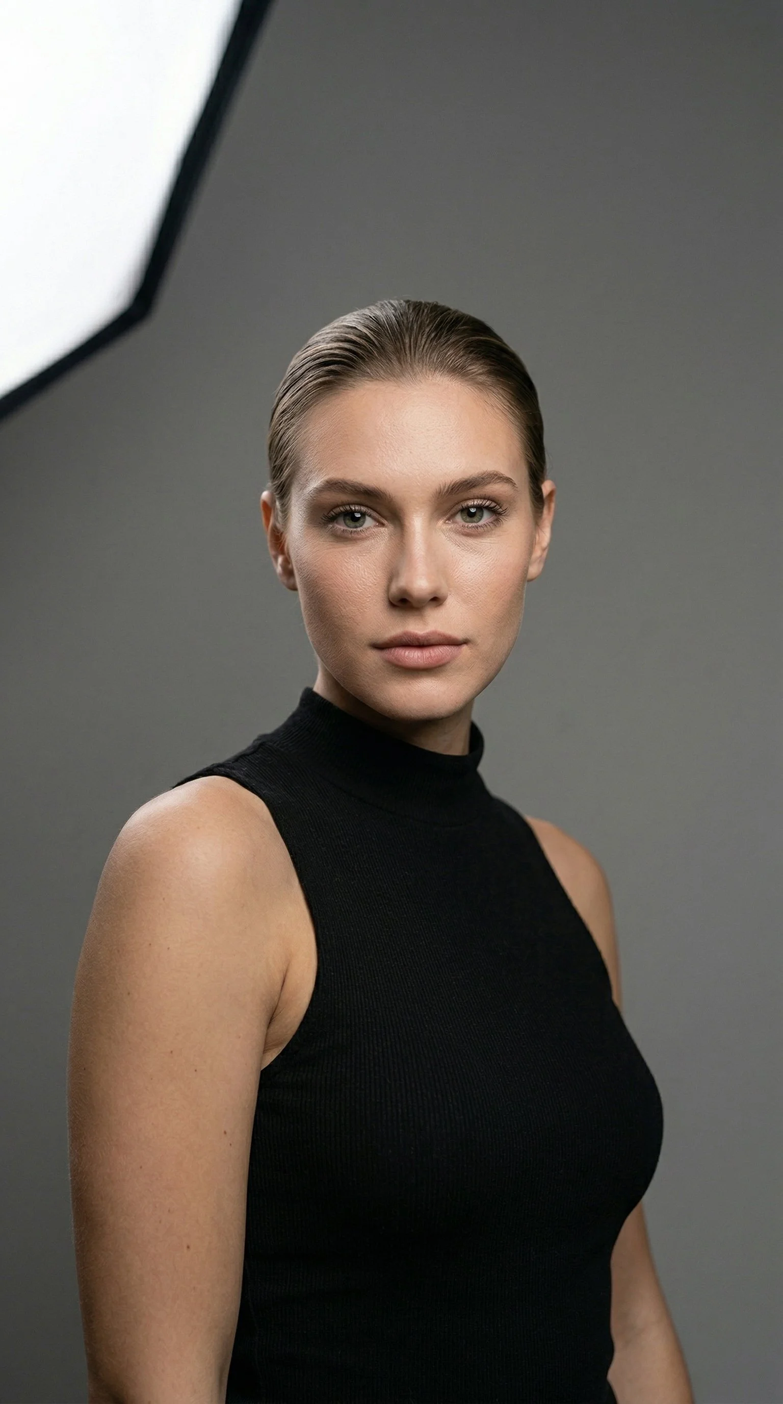 Portrait of a woman with slicked-back hair, wearing a sleeveless black top, against a plain grey background.