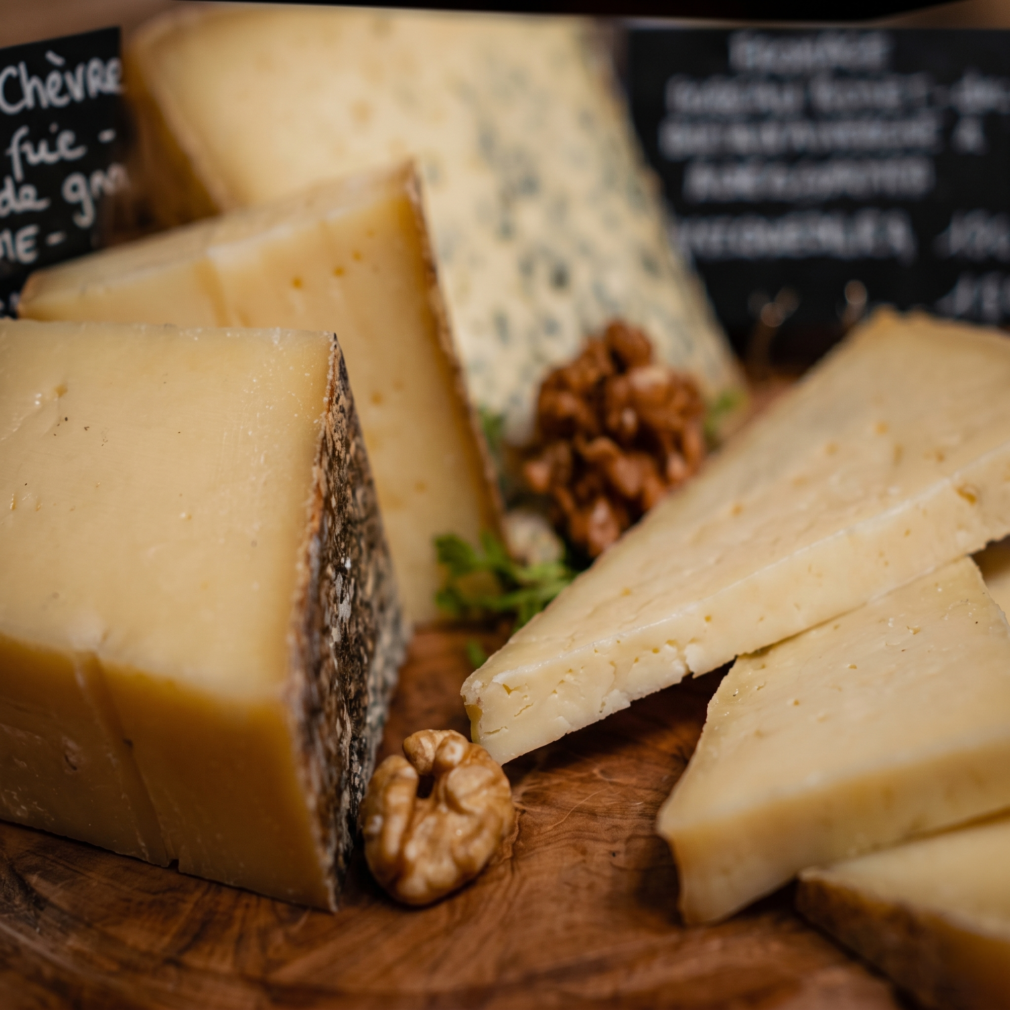 Fromages variés dans une cave à fromage, certains sont jaunes, bleus ou avec des textures molles. Il y a également des noix et un tableau noir avec une liste de fromages.