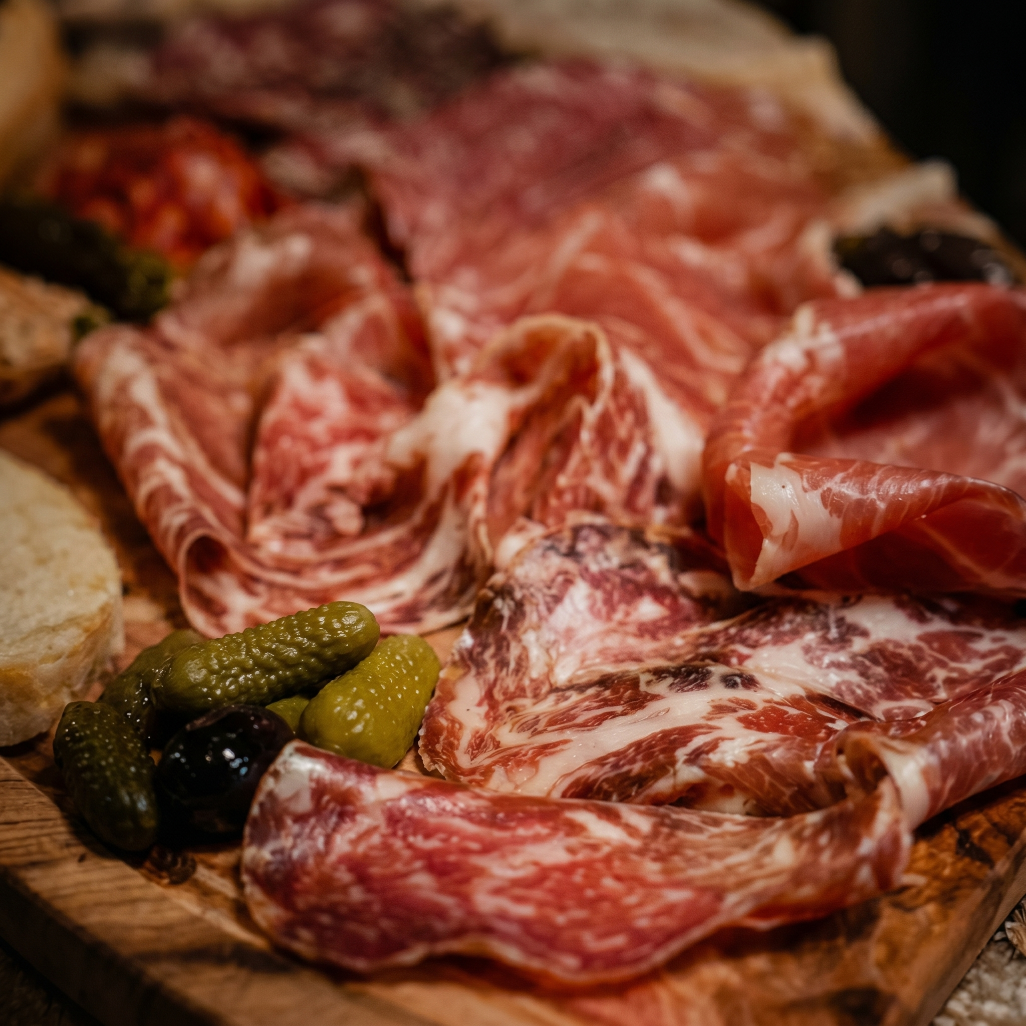 Sélection de diverses viandes tranchées, y compris du bœuf et du porc, accompagnée de petits cornichons verts sur une planche en bois.