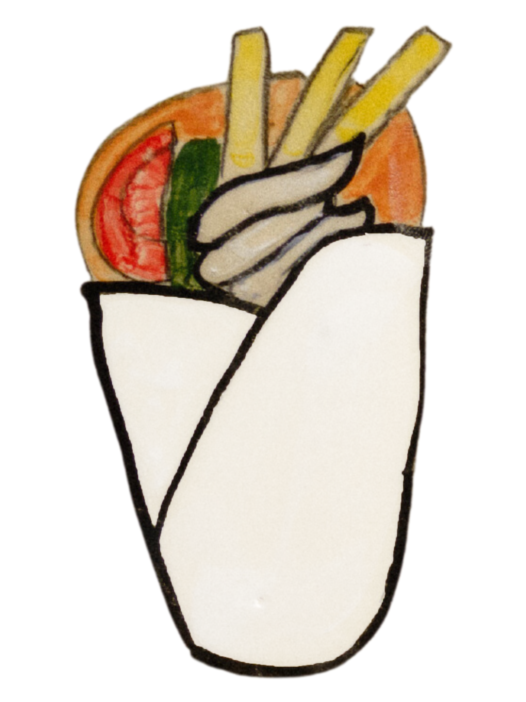 Hand-drawn illustration of a Greek souvlaki wrap with fries in handmade pita — Tziki signature artwork.