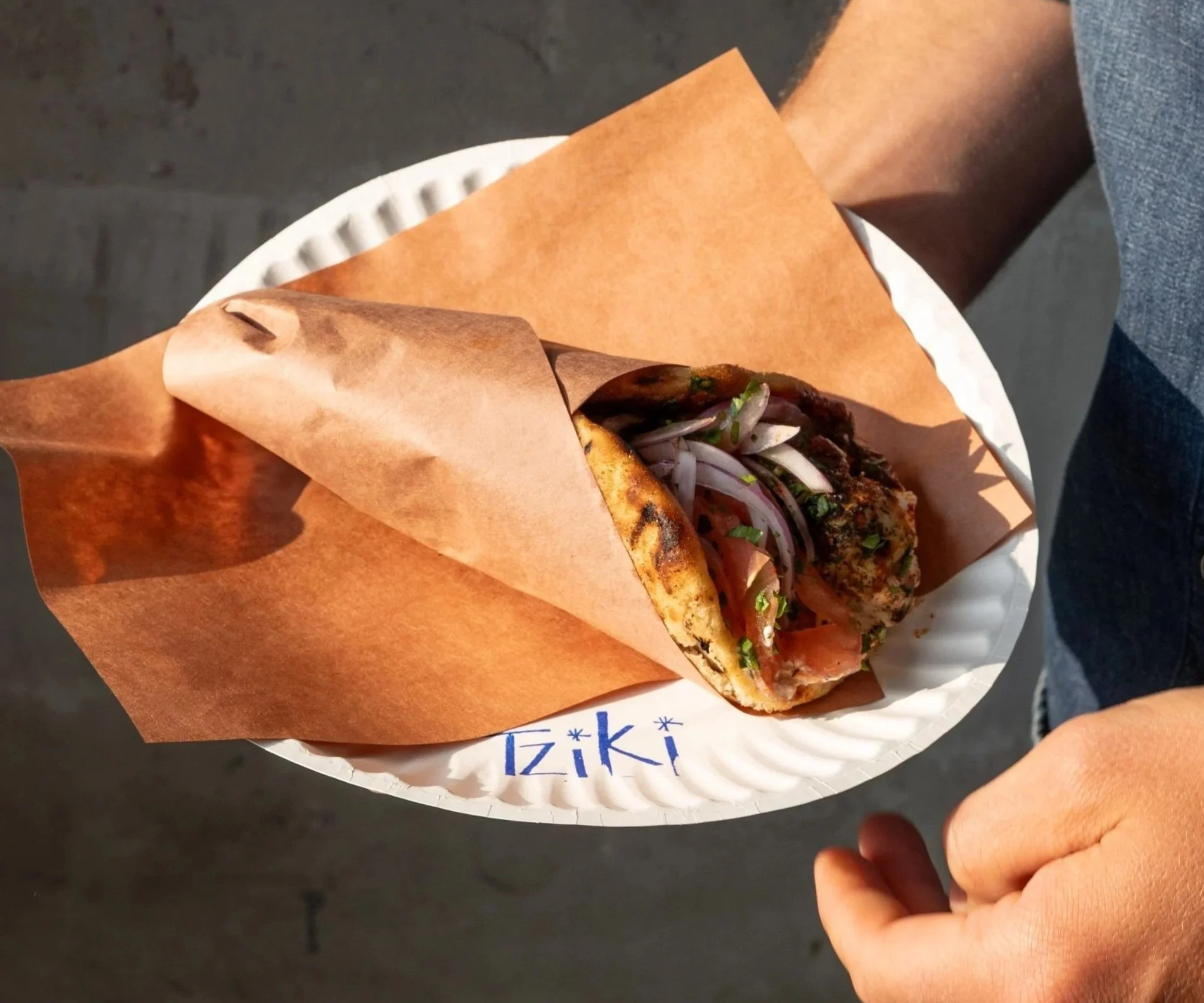 Chicken breast skewer in handmade Greek pita with Greek Yogurt — Tziki, Chelsea