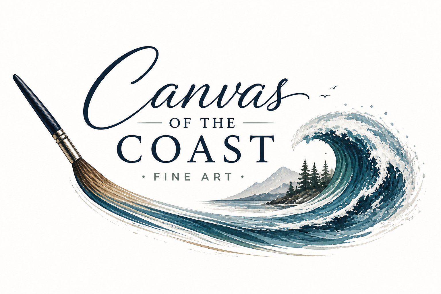 Watercolour style artwork featuring a paintbrush on the left, turning into a large ocean wave with mountains and pine trees, and text reading 'Canvas of the Coast Fine Art'.