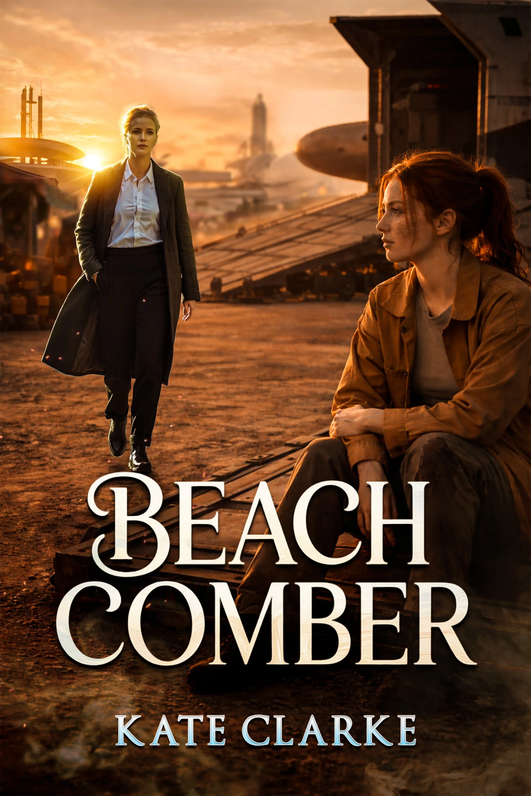 Book cover showing two women at a beach or outdoor location during sunset. One woman stands wearing a dark coat and pants, the other sits on the ground with a ponytail wearing a brown jacket. Large driftwood with the book title, 'Beachcomber' by Kate Clarke, is in the foreground.
