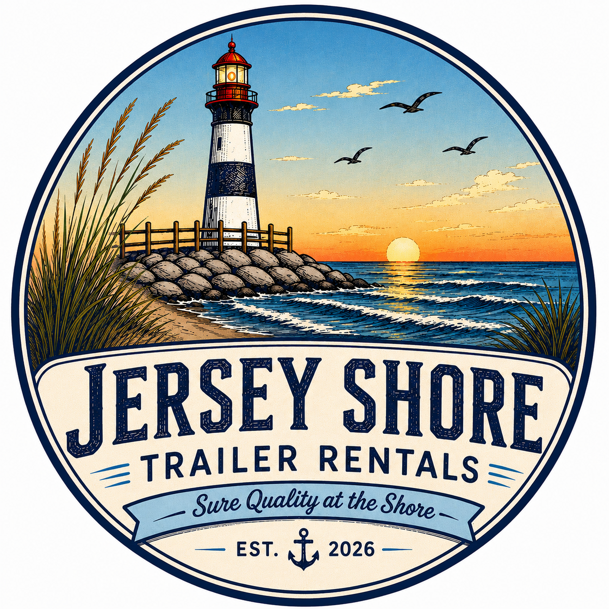 Illustration of a lighthouse on a rocky shoreline with a sunset over the sea, seagulls flying, and grass in the foreground, with text promoting Jersey Shore Trailer Rentals, established 2026.