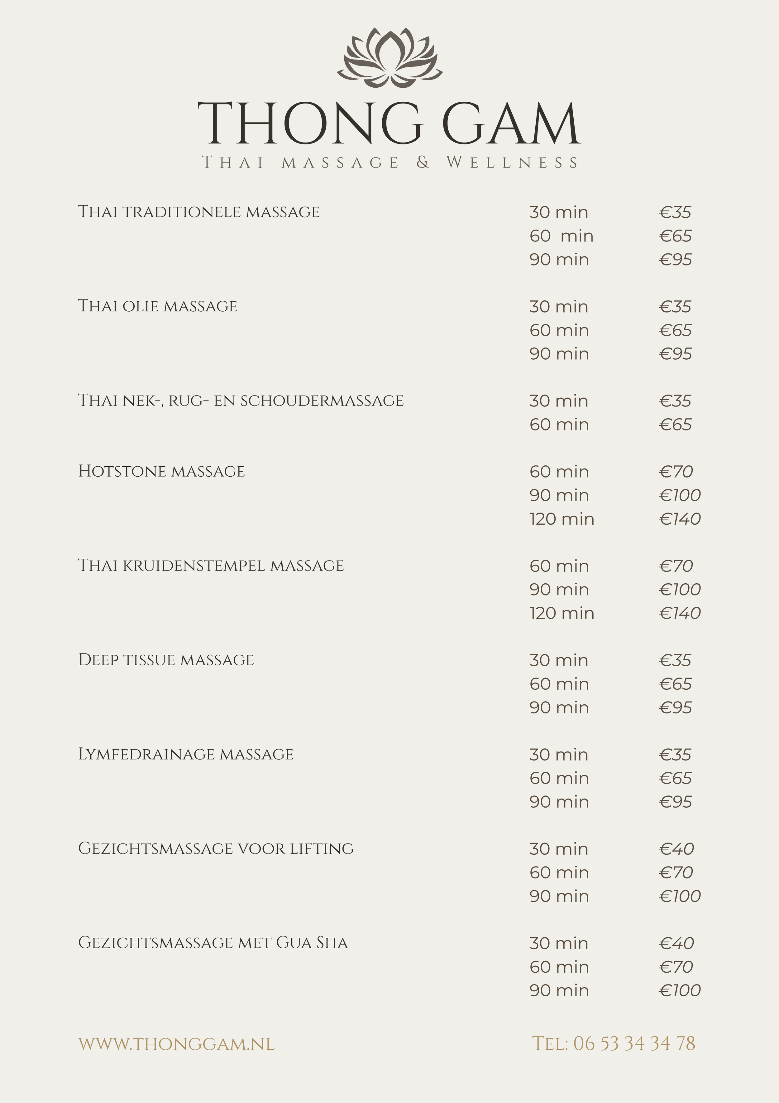 Een overzicht van de prijslijst van Thong Gam thai massage en Wellness.