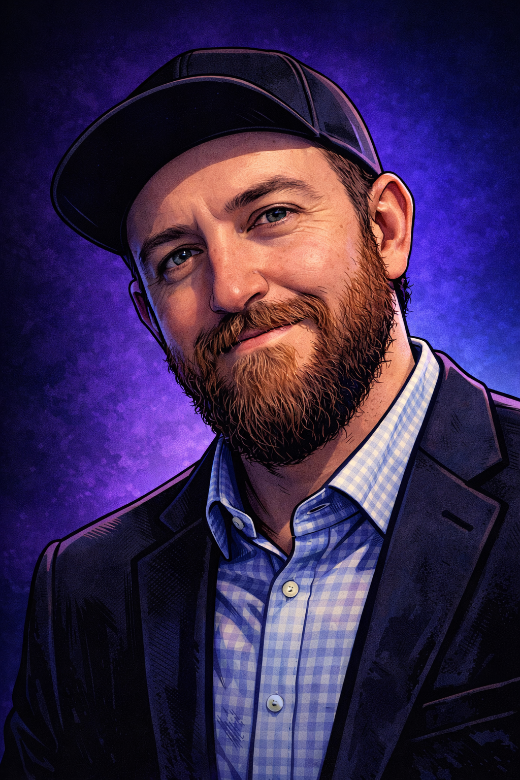 A man with a red beard and mustache wearing a black baseball cap, a checkered blue shirt, and a dark blazer, smiling against a purple background.