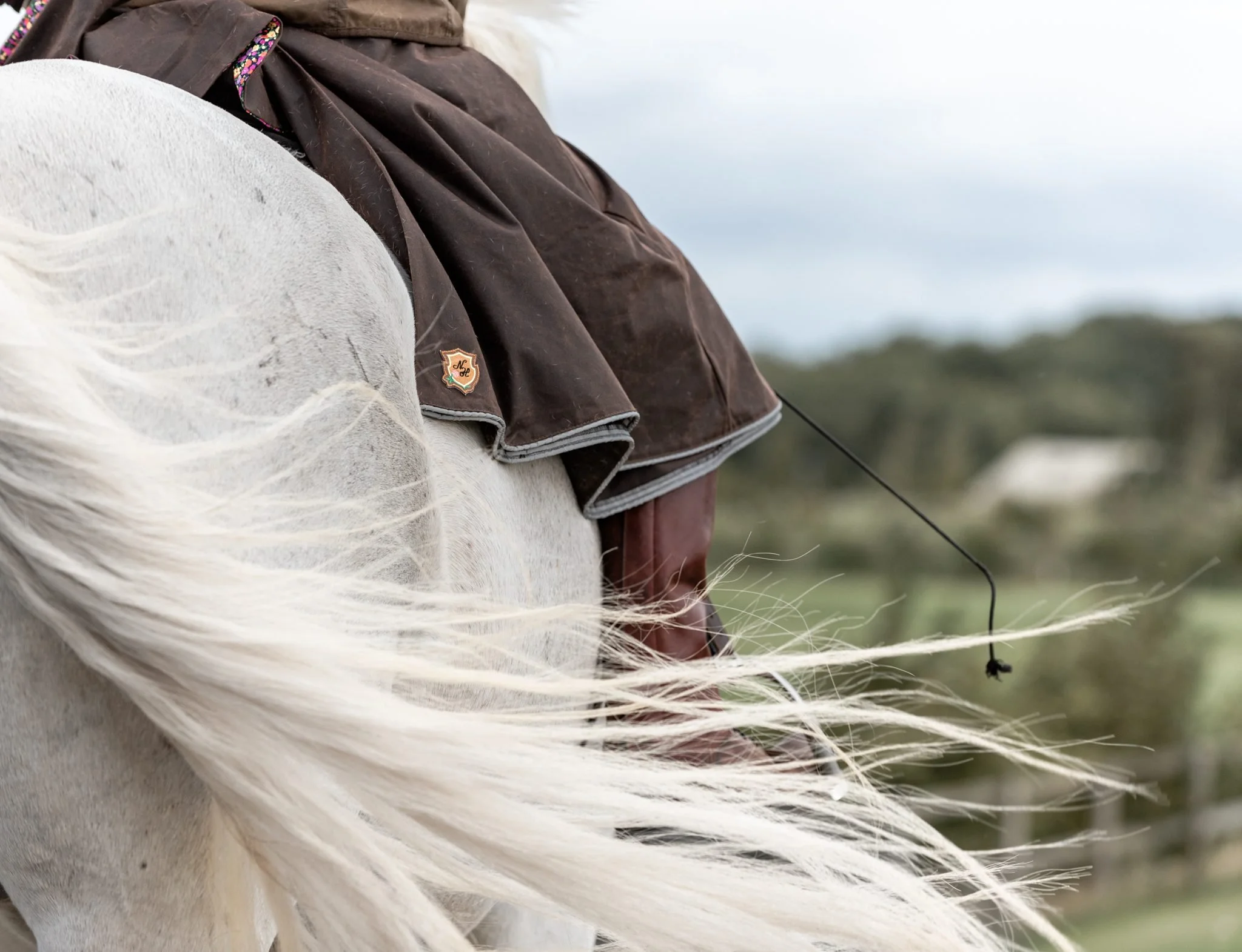 Close-up of a person riding a white horse with a Nouvelle Habit on, outdoors on a cloudy day.