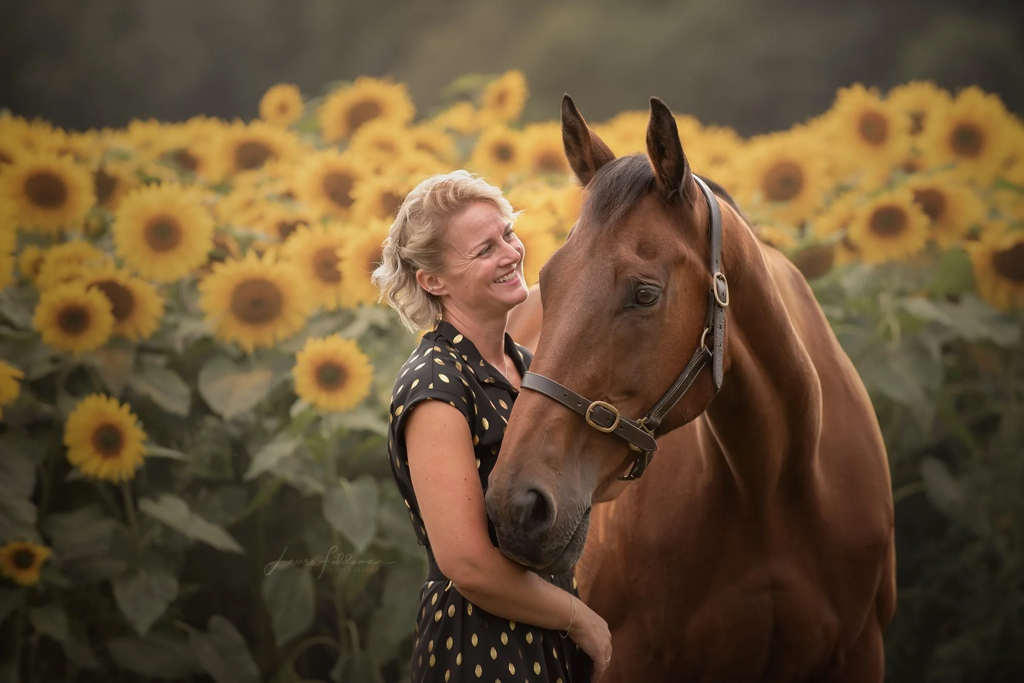 A woman with blonde curly hair smiling and looking at a brown horse with a black mane. They are standing in a sunflower field with yellow blooms and green leaves.