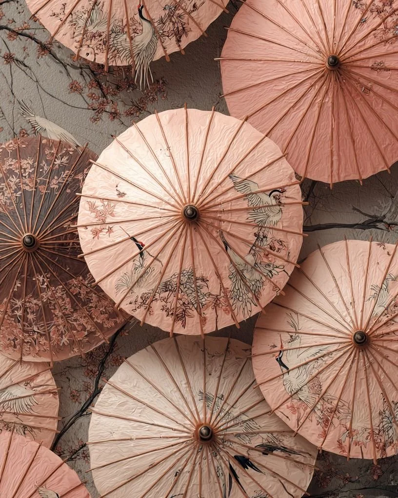 Multiple pink and peach paper parasols with floral and nature-inspired designs, arranged closely on a neutral surface.