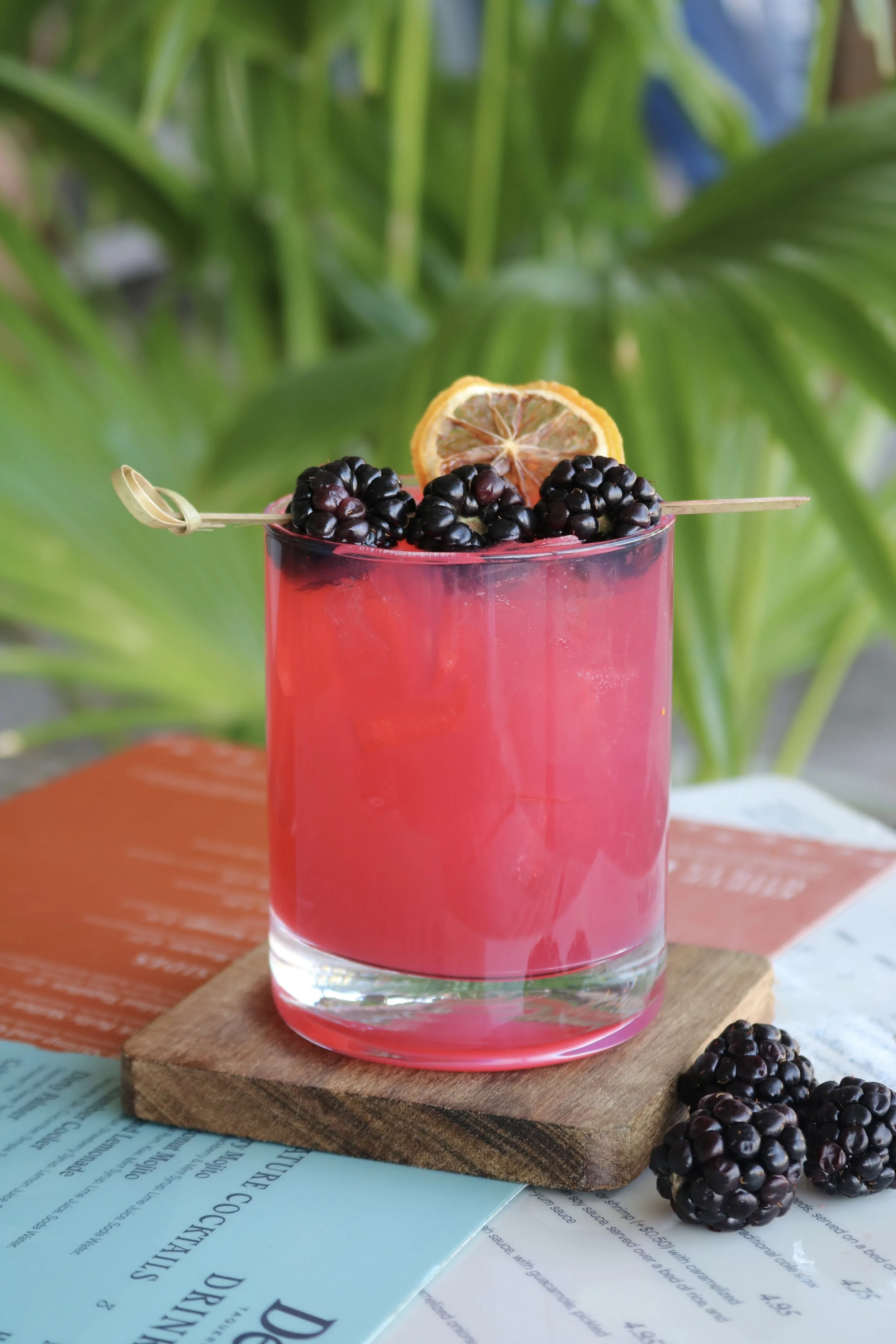 A tall glass of bright pink drink garnished with blackberries and a slice of dried orange, sitting on a small wooden board on a table with colorful menus underneath, with green plants in the background.