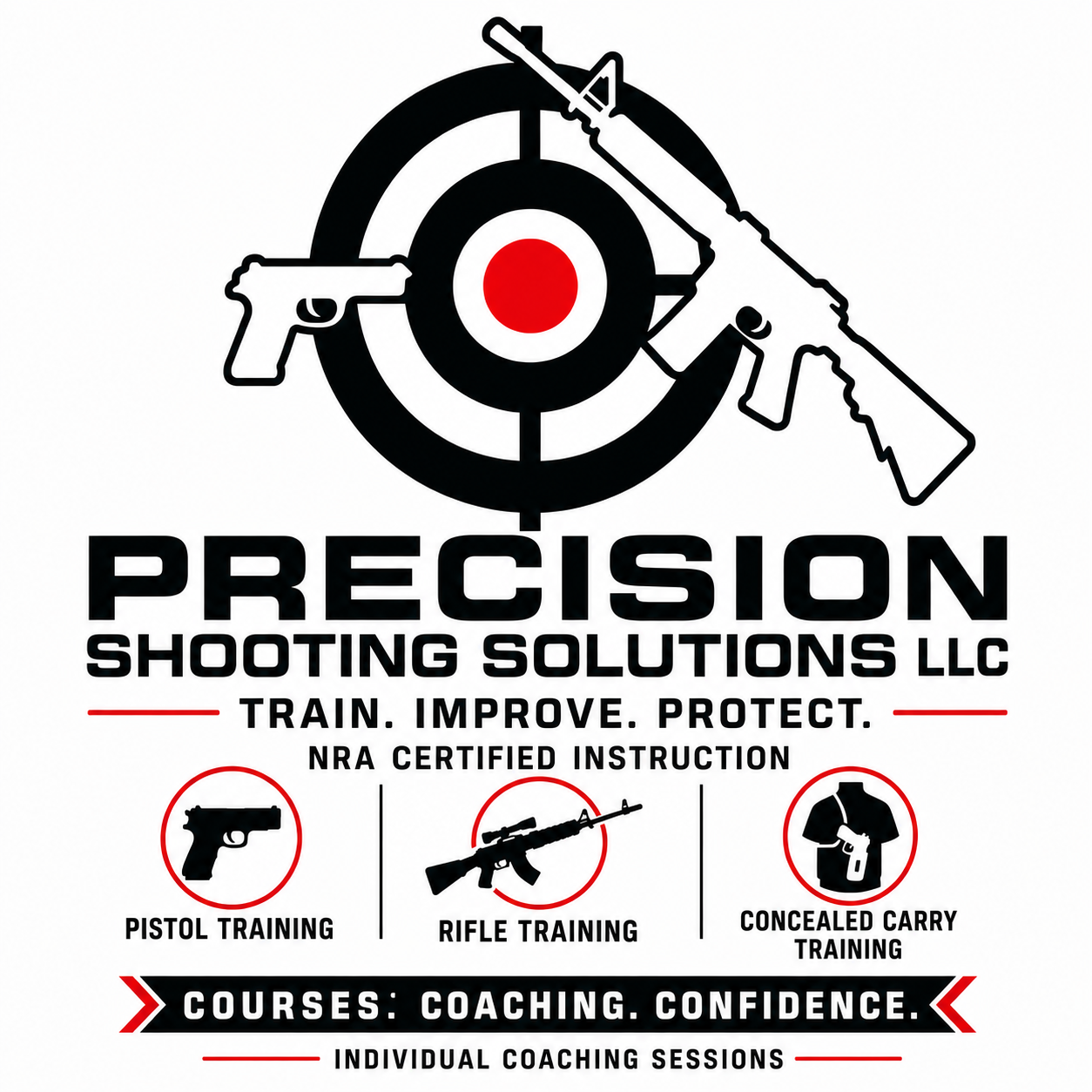 Logo for Precision Shooting Solutions LLC featuring a target with guns and a rifle, with text advertising pistol, rifle, and concealed carry training, and coaching services.