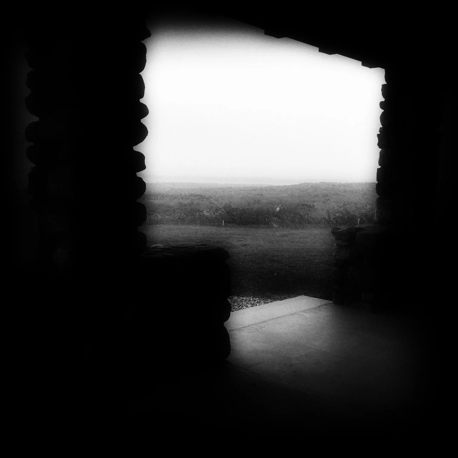 View from inside a stone structure looking out onto a foggy landscape with trees.