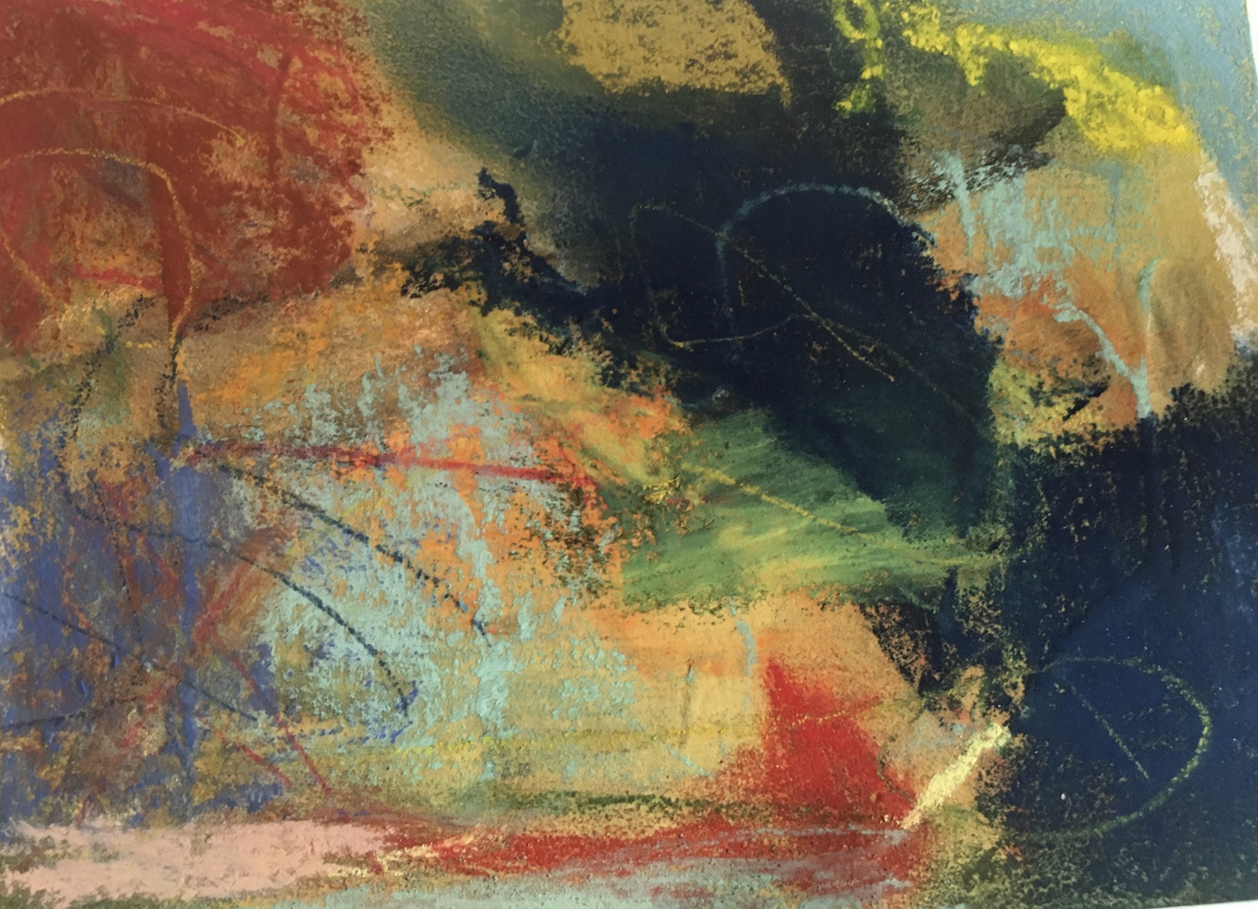 An abstract painting with vibrant splashes of red, orange, yellow, green, blue, and black colors, creating a textured and dynamic composition.