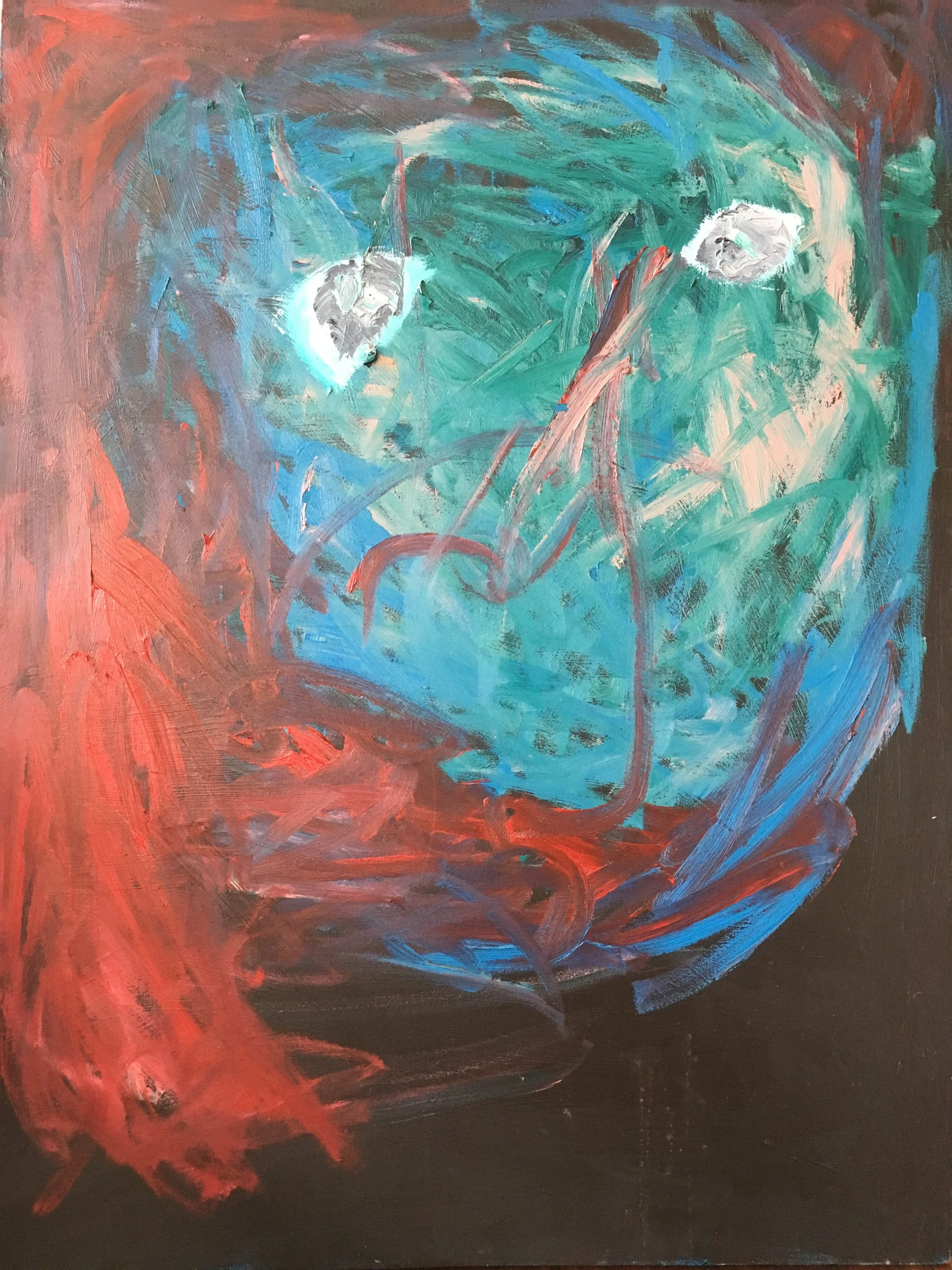 An abstract painting with bold brushstrokes in shades of blue, red, green, and black.