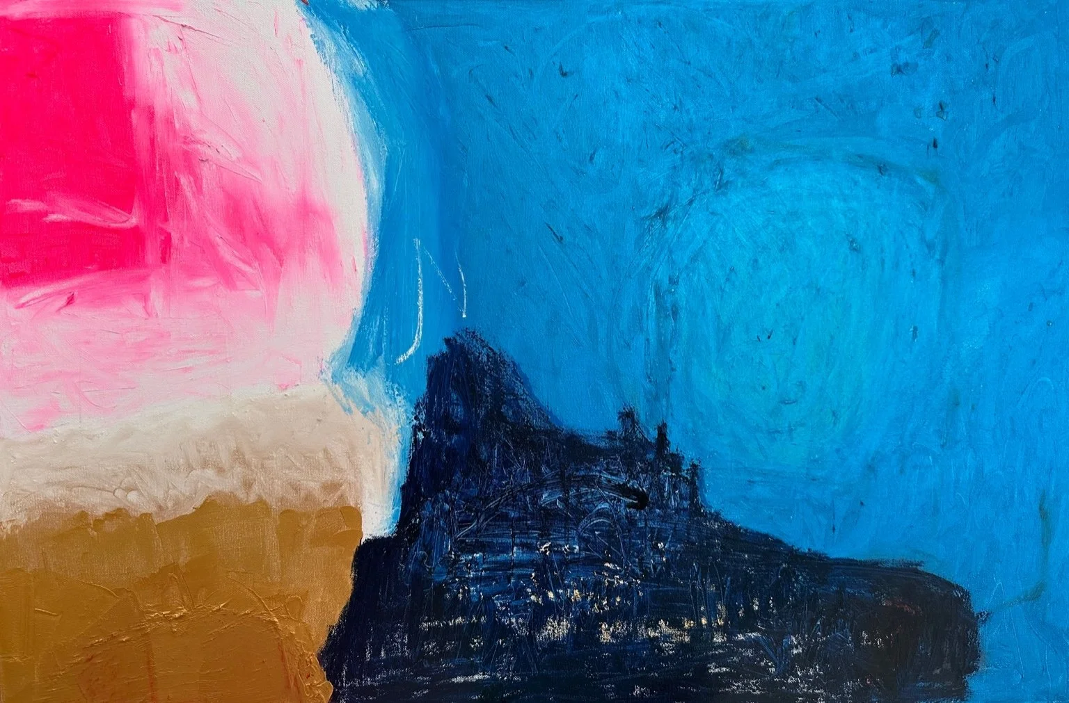 Abstract painting with pink, blue, black, gold, and white colors.
