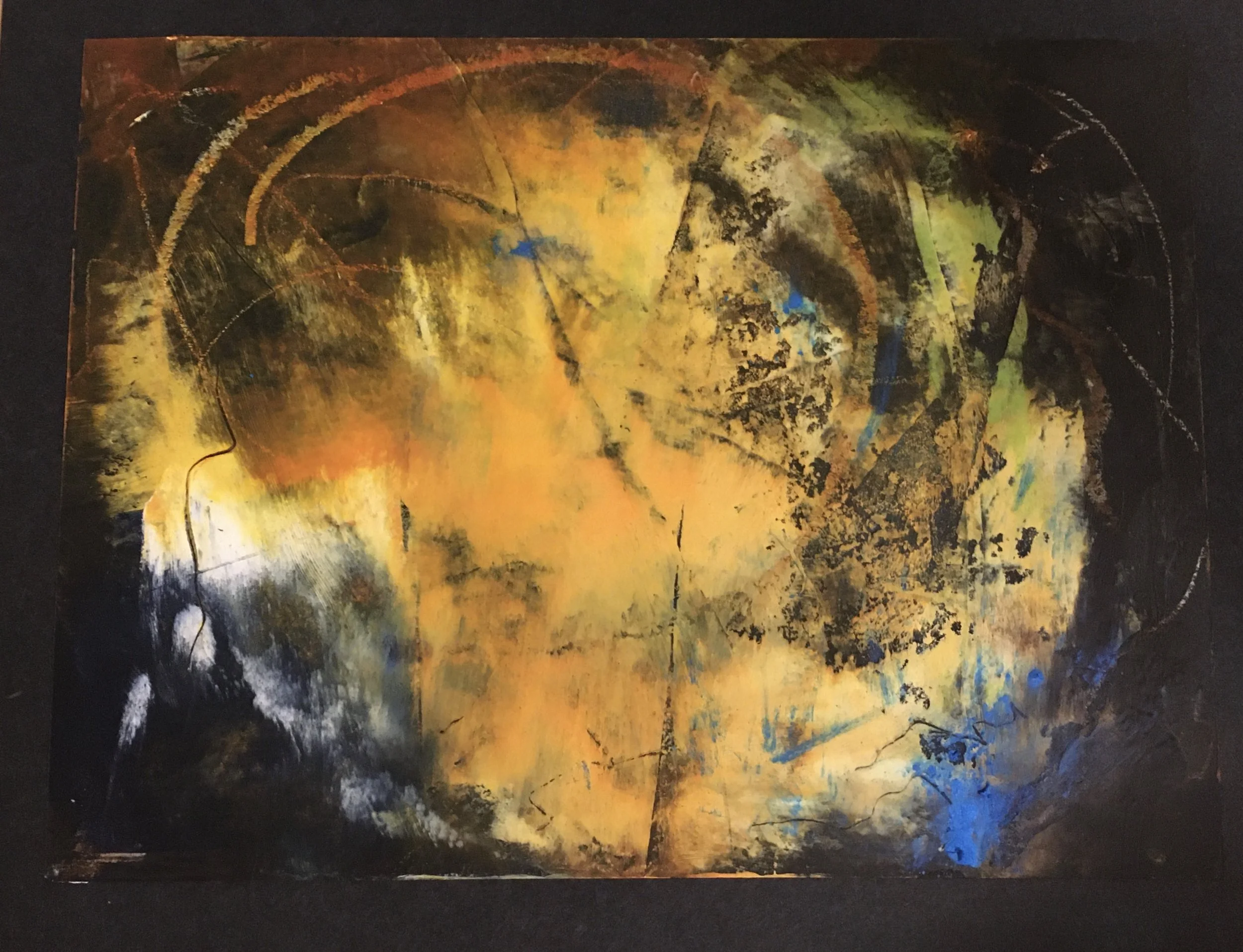 Abstract painting with vibrant yellow, orange, black, and blue colors, featuring swirling and splattered patterns.