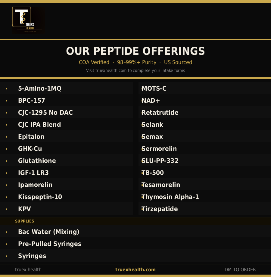 A list of peptide offerings and supplies from Truex Health, including various peptides, purity levels, and sourcing information. The list includes items such as 5-Amino-1MQ, BPC-157, CJC-1295 No DAC, and supplies like Bac Water, pre-pilled syringes, and syringes.