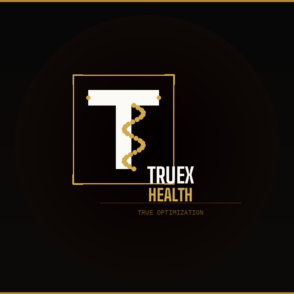 A logo featuring a stylized white letter 'T' with a DNA strand integrated into it, surrounded by a gold square outline. Below, the text reads 'TRUEX HEALTH' with 'TRUEX' in white and 'HEALTH' in gold, and underneath that, the phrase 'TRUE OPTIMIZATION' in smaller gold text.
