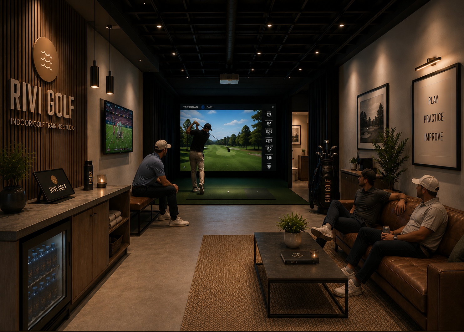 An indoor golf training studio with a simulator, where a person is practicing their golf swing and three others are seated on a leather couch, observing. The studio features a large screen showing a golf course, wall art with motivational phrases, and golf clubs.
