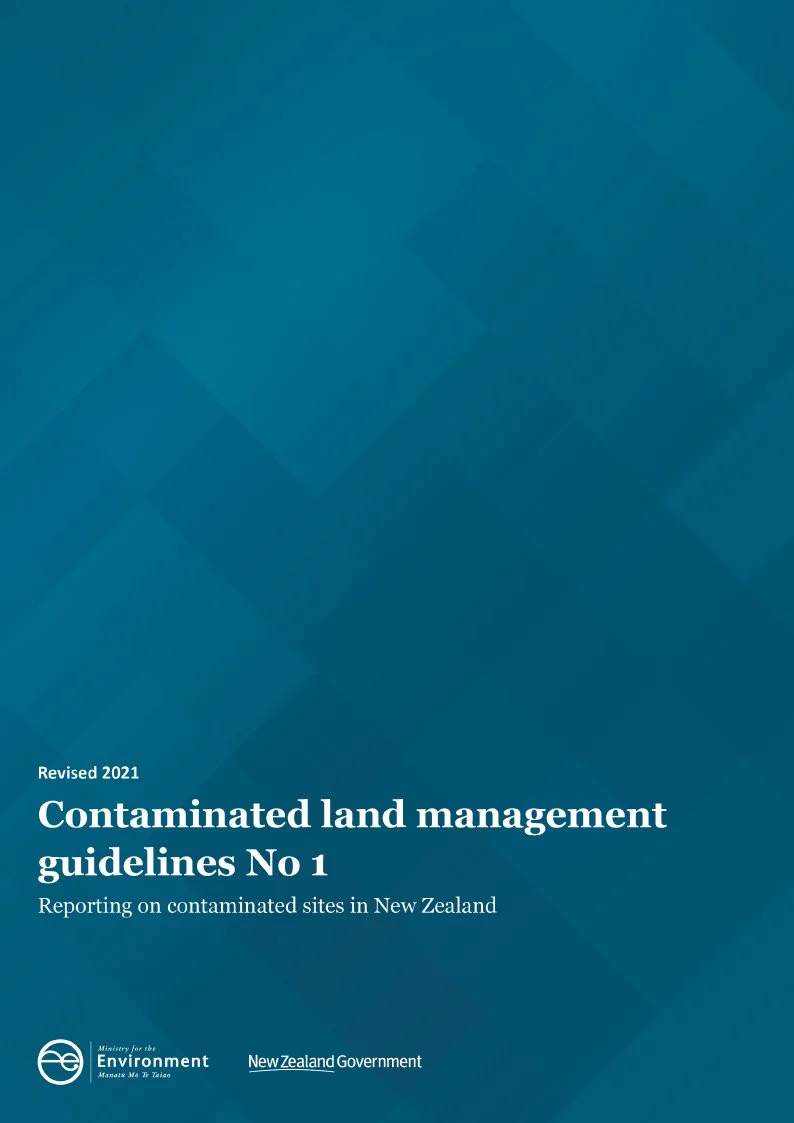 Cover page of a guideline document titled 'Contaminated land management guidelines No 1' reporting on contaminated sites in New Zealand, published by the New Zealand Government's Ministry for the Environment.
