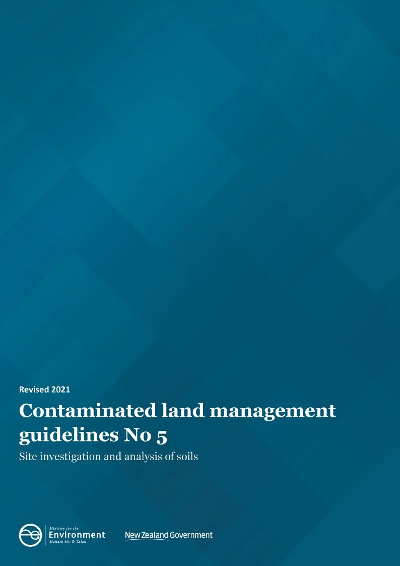 Cover page of a document titled "Contaminated land management guidelines No 5" with a subtitle "Site investigation and analysis of soils," published by the New Zealand Government, Ministry for the Environment, in 2021.