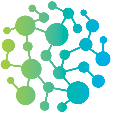 Illustration of a molecular or network structure with interconnected circles in green and blue.