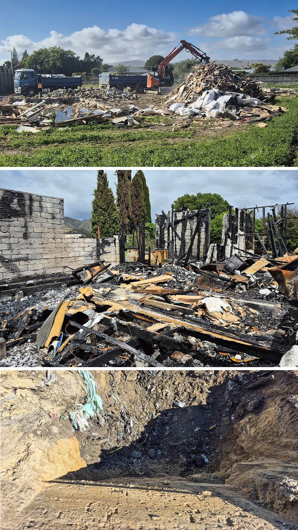 Three images depicting different stages of destruction caused by fire. The first image shows a construction site with a large pile of debris and a crane, with a partially burned structure in the background. The second image displays the remains of a burned building with charred walls and rubble scattered around, with trees in the background. The third image shows an underground scene with a trench and scattered debris, possibly from a collapsed or burned structure.