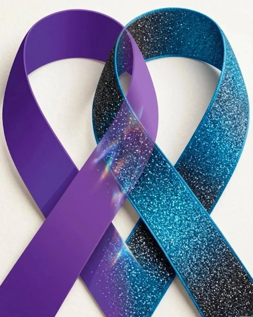 Two overlapping ribbons, one purple with a galaxy pattern and one blue with a glittery pattern, forming a loop on a white background.
