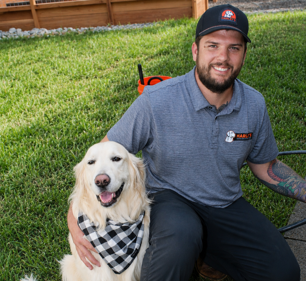 Harley’s Heating & Cooling owner with golden retriever Harley outdoors