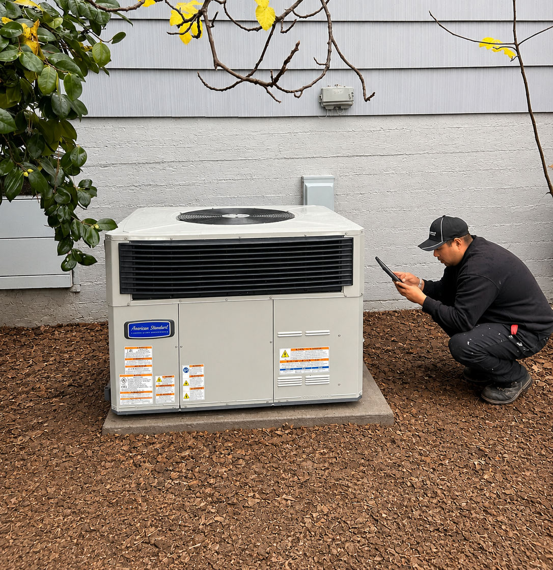 HVAC technician diagnosing outdoor air conditioning system