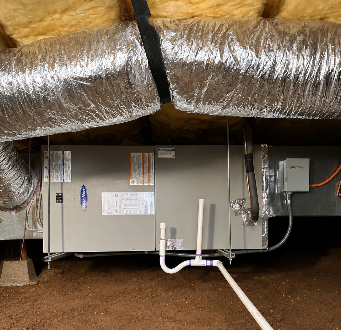 Professional HVAC system installation in an unfinished attic by Harley’s Heating & Cooling