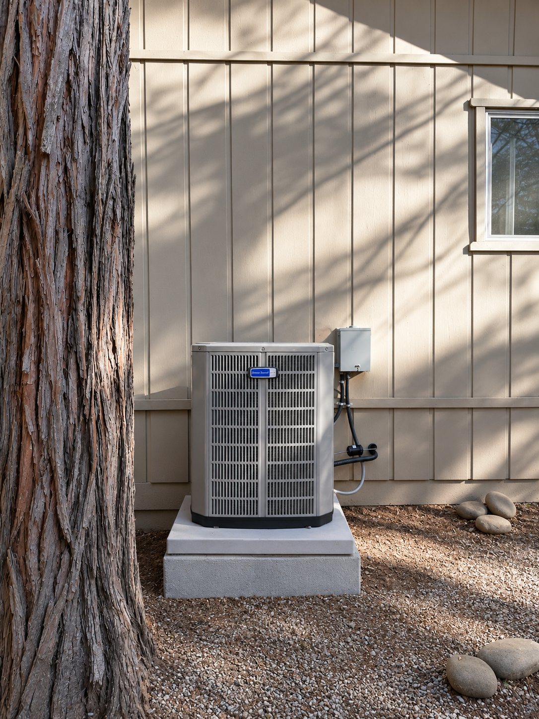 Outdoor air conditioning unit installed beside residential home in Placerville