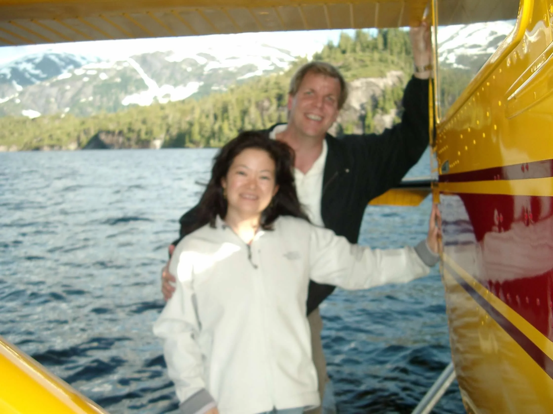 Rob and his wife Keiko on a float plane in Ketchikan