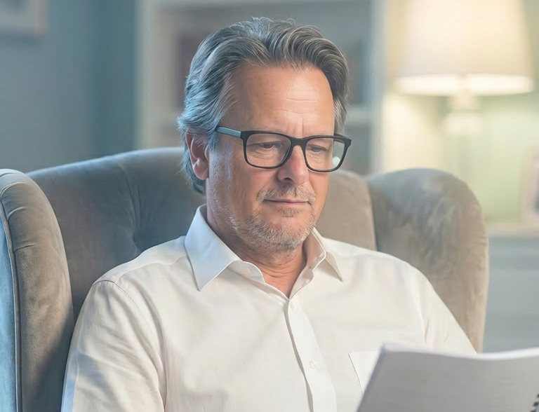 A middle-aged man with glasses, gray hair, and a beard, sitting in a beige armchair, reading a document in a well-lit room.