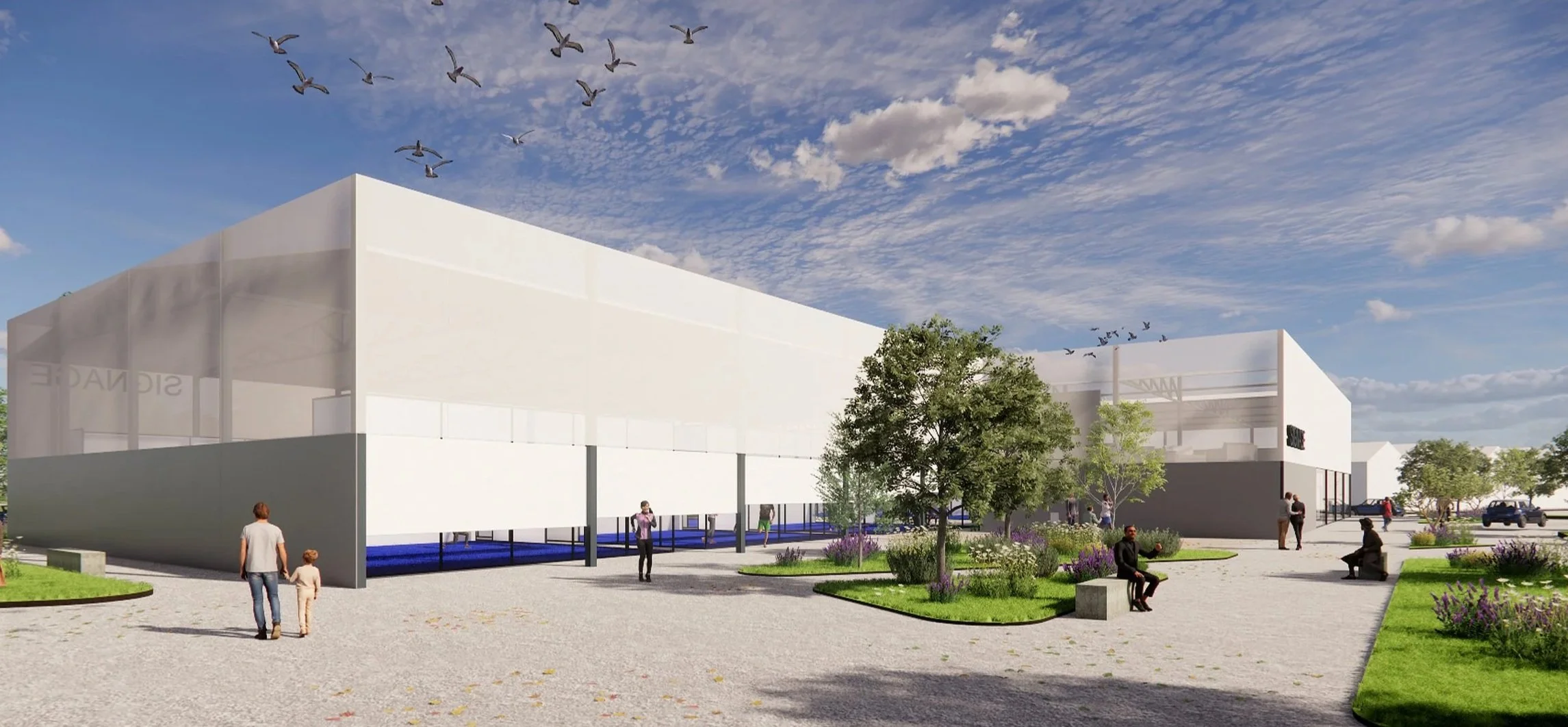 Architectural rendering of a modern commercial building with people walking and sitting outside, trees, and a blue sky with scattered clouds.