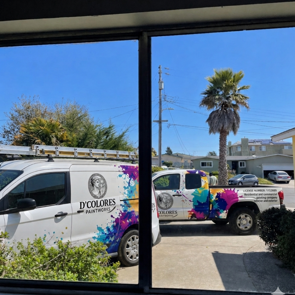 View through window of two paint company trucks with colorful splashes, palm trees, power lines, and residential houses in the background.