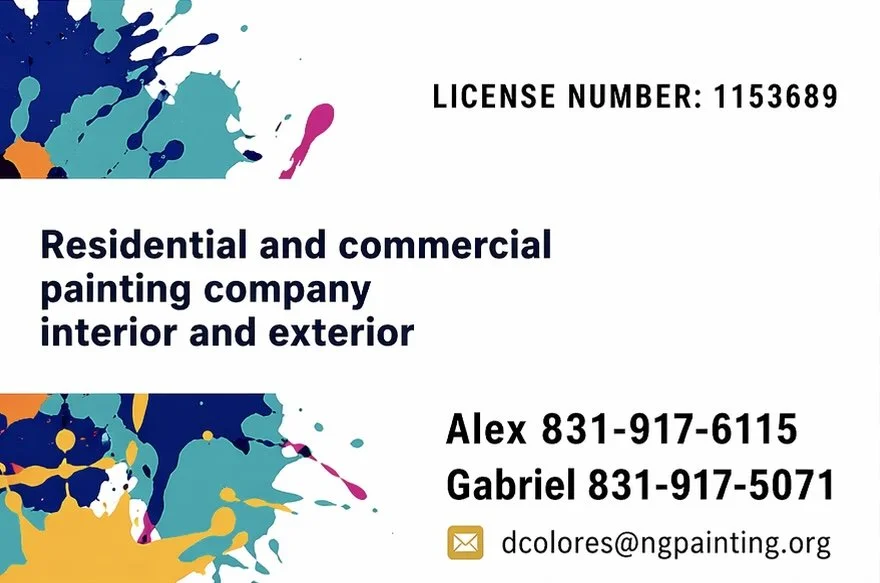 Business card for a residential and commercial painting company with contact info, license number, colorful paint splash design.